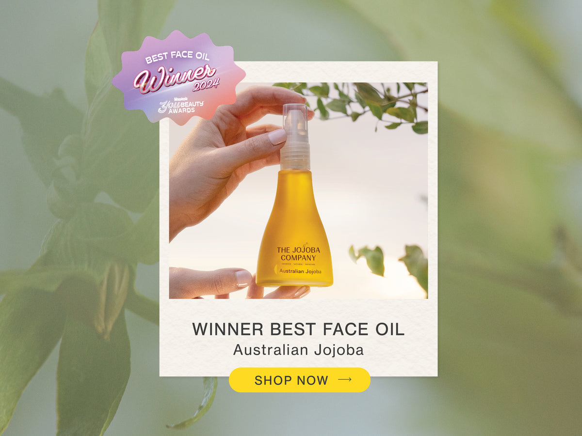 Advertisement for award-winning Australian Jojoba face oil with a call to action to shop now.