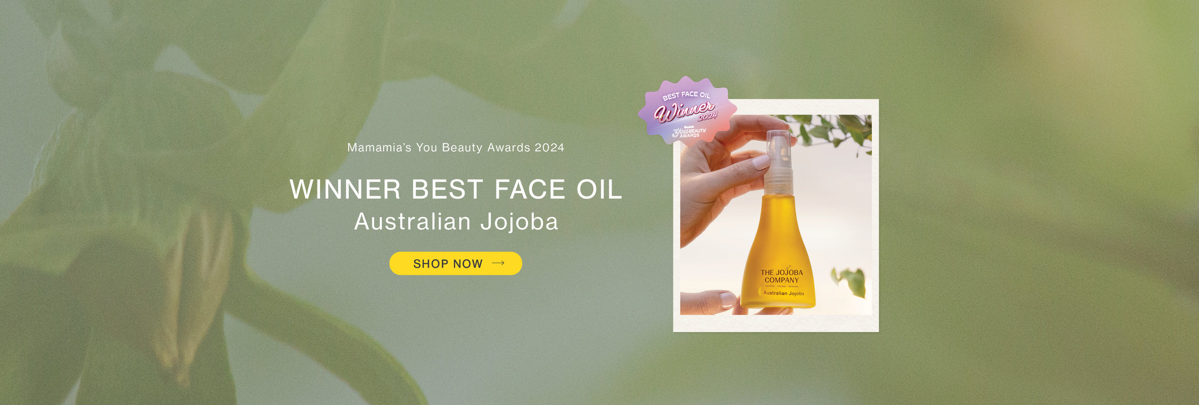 Ad for Best Face Oil winner, Australian Jojoba, with a shop now button and a hand holding the product.