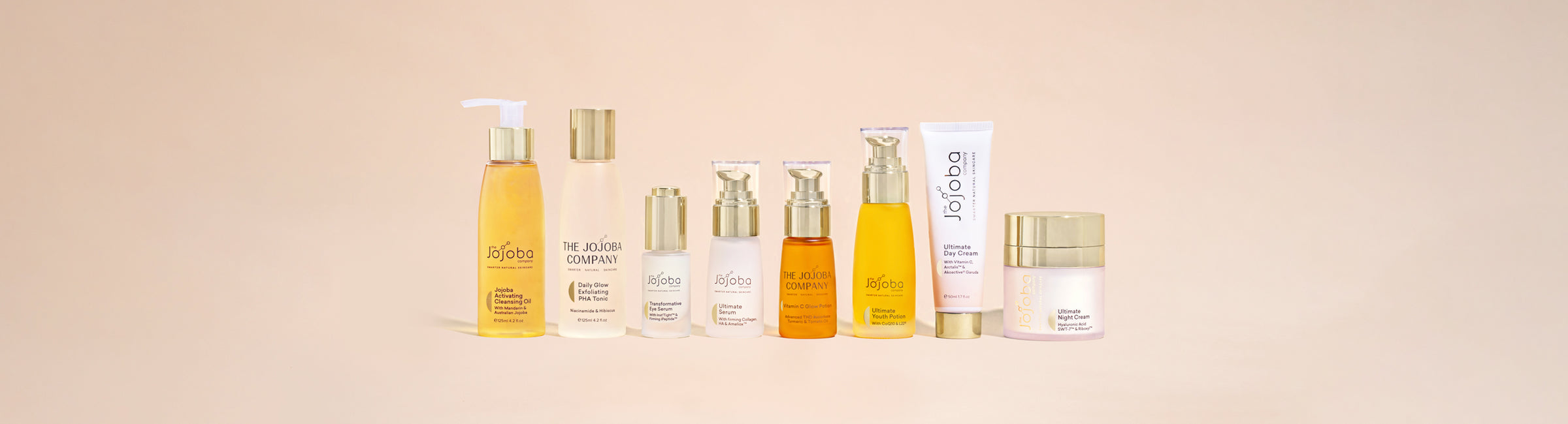 Assortment of Jojoba Company skincare products on a pastel background.