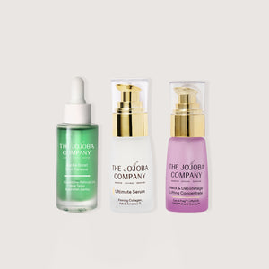 Three skincare products from The Jojoba Company on a white background