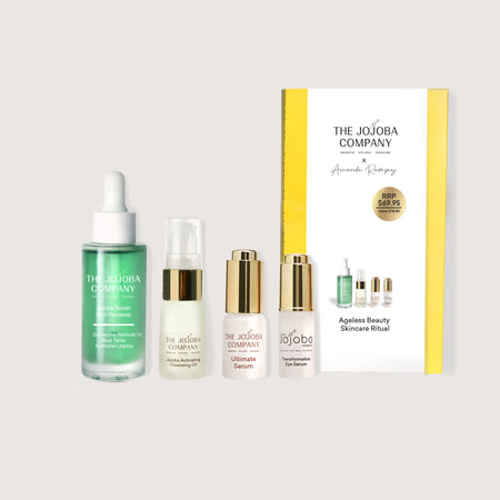 Set of skincare products from The Jojoba Company with a branded box on a light gray background