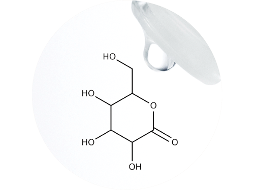 A chemical structure of glucose overlaid on an image of a contact lens.