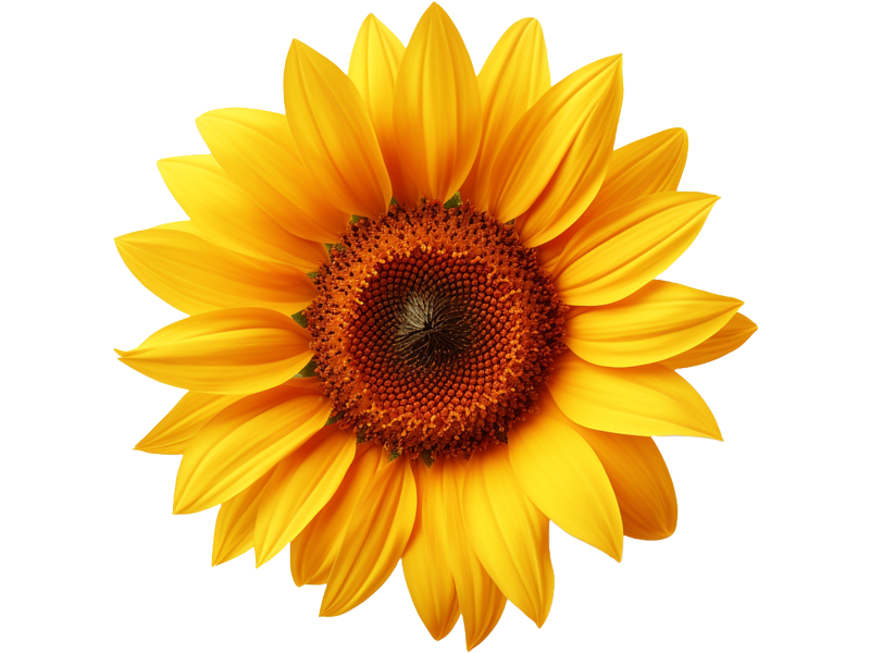 Bright yellow sunflower with a brown center on a white background.