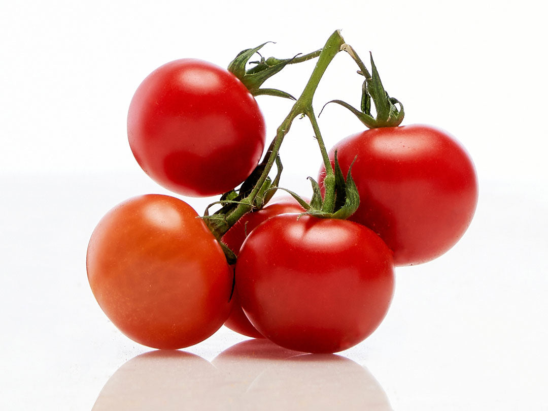 Cluster of ripe red tomatoes on a vine with a white background.