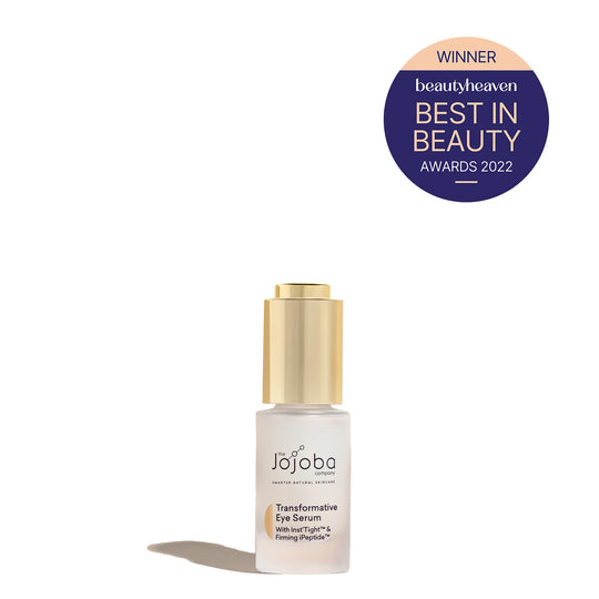 Bottle of Jojoba Transformative Eye Serum with a Best in Beauty 2022 award badge.