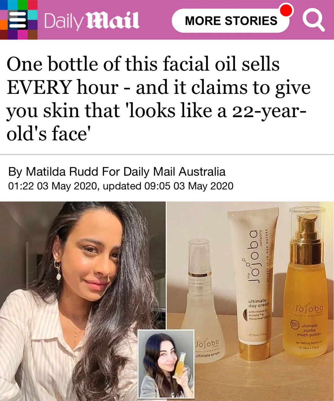 Skincare products on a table with article headline about facial oil benefits.