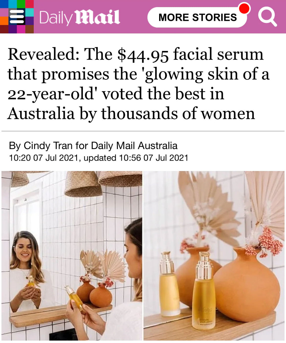 Article header with skincare serum bottles next to decorative vases.