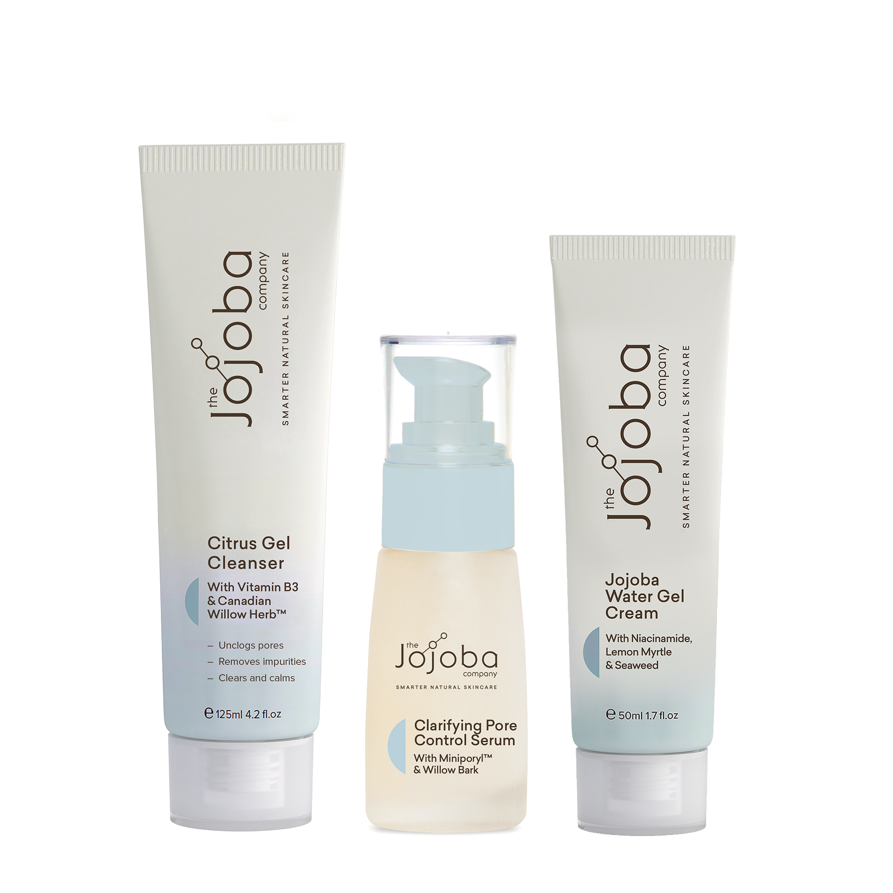 Three Jojoba skincare products: cleanser, serum, and water gel cream on a white background.